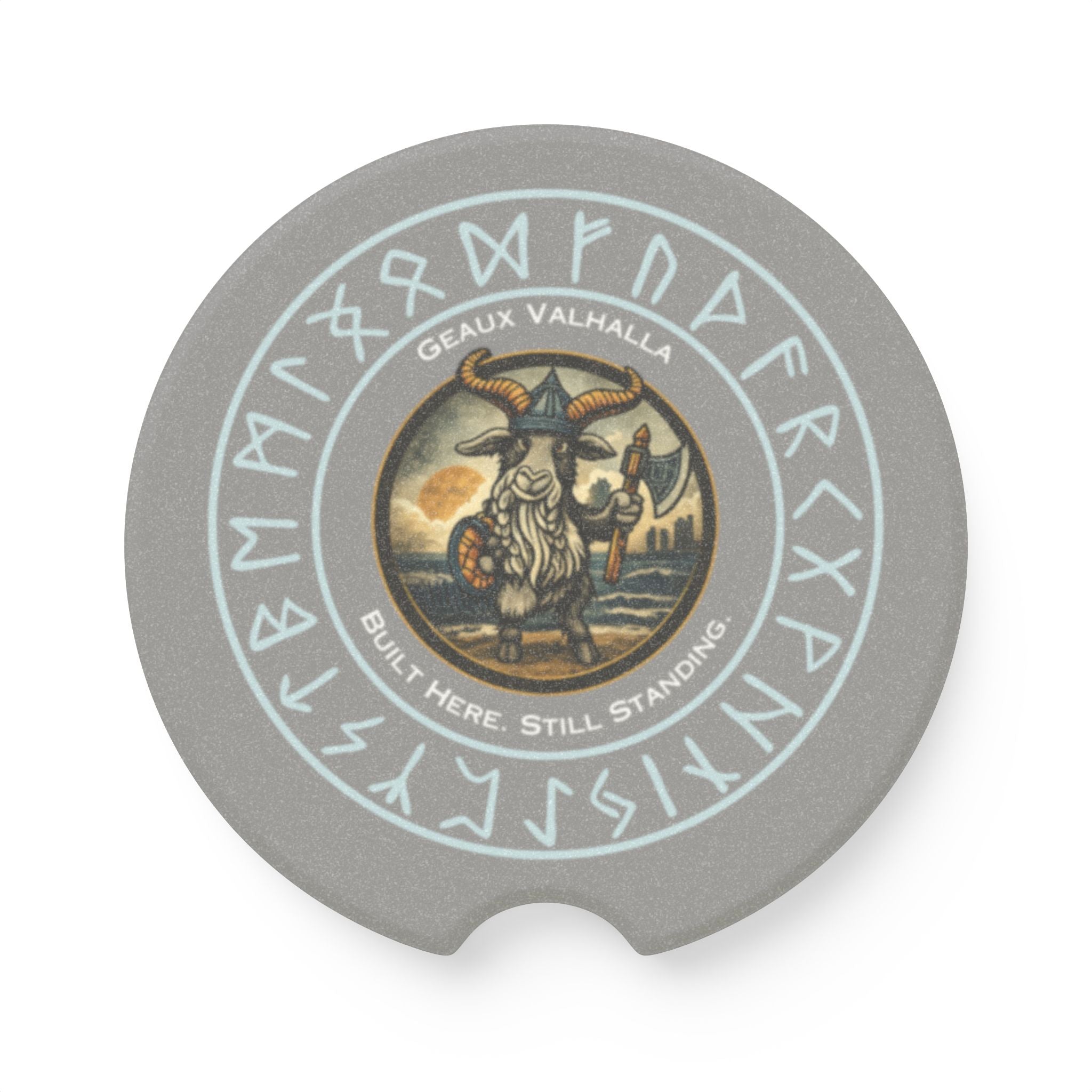 Built Here. Still Standing. – Gen X Grit Soapstone Car Coaster | Geaux Valhalla Edition
